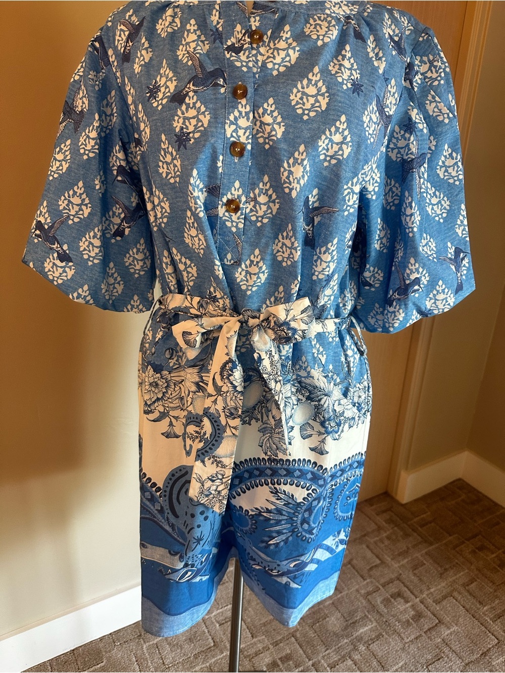 Blue Print Floral Tie-Waist Women’s Dress